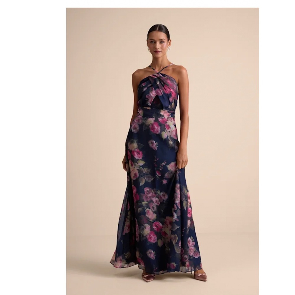 Lulus Farris Navy Floral Organza Halter Maxi Dress Size Large New with tags!